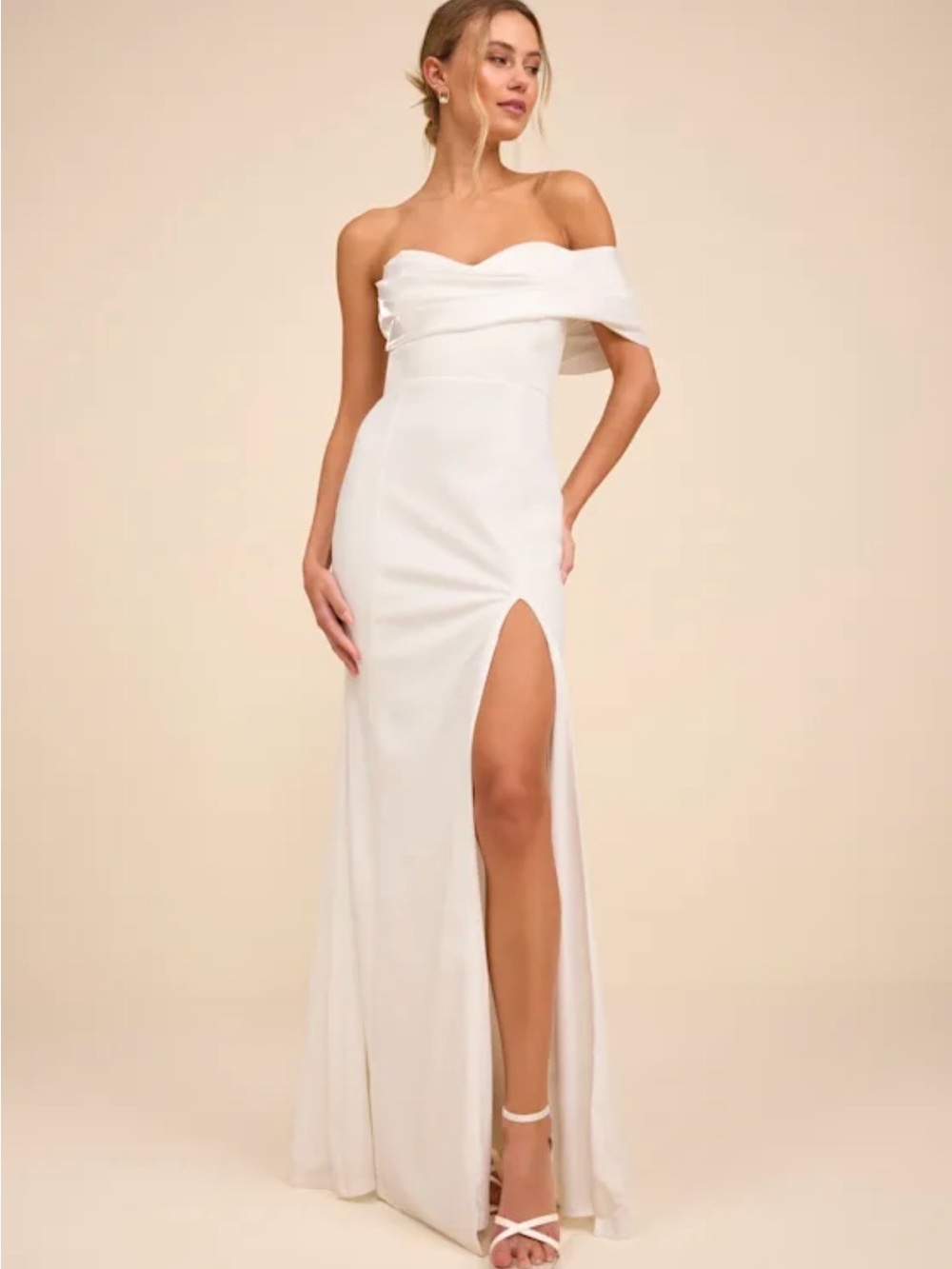 Lulu's Ivory Off-the-Shoulder High-Slit Wedding Dress